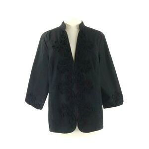 Susan Graver Blazer Over Size SMALL Black Linen Bl Embroider Floral Jacket